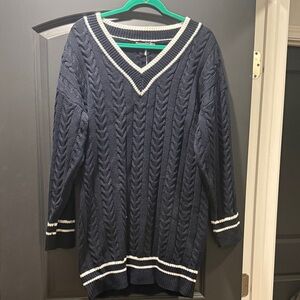 VICI Collection | Navy Cable Knit Sweater Dress with White Trim